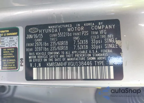 2016 Hyundai Santa Fe Se from USA, damaged, VIN KM8SM4HFXGU138446